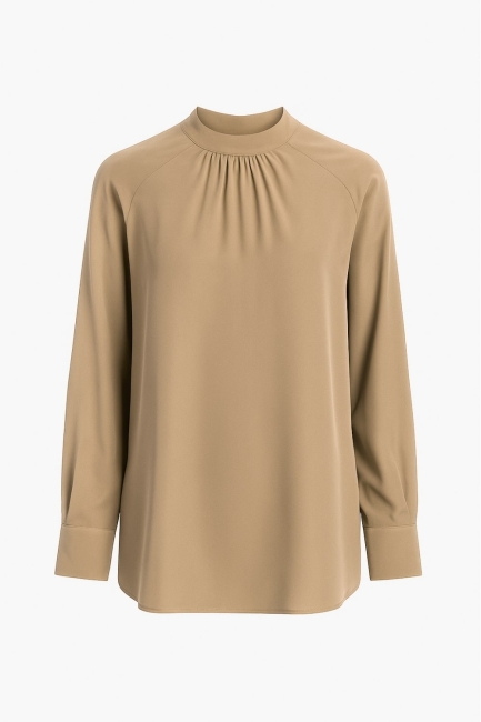 Mizalle Reglan Kollu Oversize Uzun Saten Yüksek Yaka Bej Rengi Bluz - Mizalle