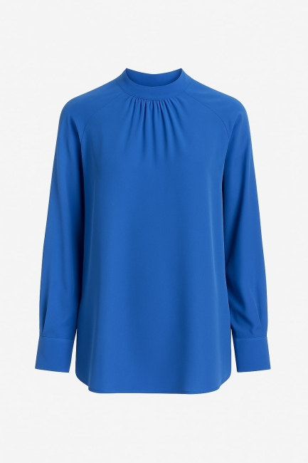 Mizalle Reglan Kollu Oversize Uzun Saten Yüksek Yaka Saks Mavisi Bluz - Mizalle