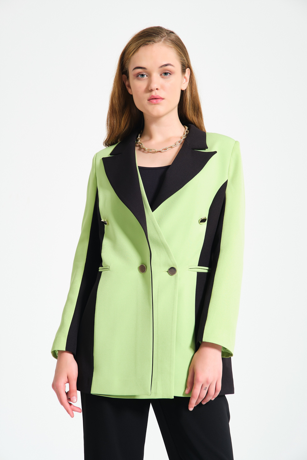 Renk Bloklu Fıstık Yeşili Blazer Ceket I Mizalle