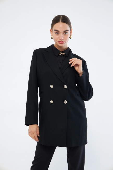 Mizalle Renkli Astarlı Siyah Blazer Ceket - Mizalle (1)