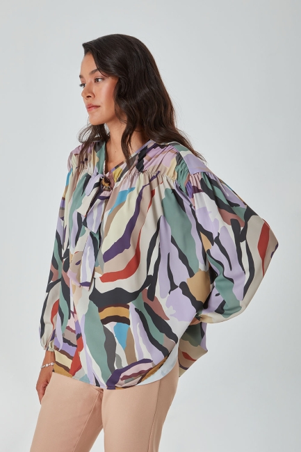 Mizalle Çok Renkli Yakası Fularlı Zebra Tunik - Mizalle (1)
