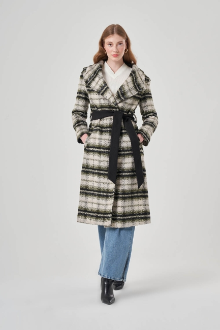 Mizalle Kaşe Dokulu Haki Ekoseli Şal Yaka Kaban - Mizalle (1)