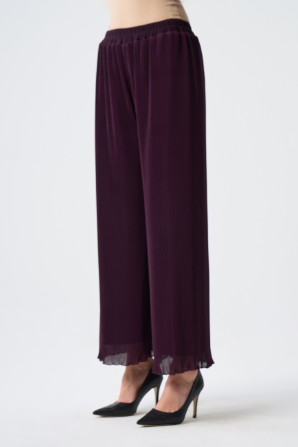 Mizalle İnce Piliseli Mürdüm Rengi Şifon Şık Pantolon - Mizalle (1)