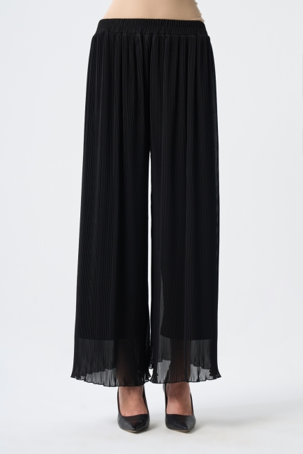 Mizalle İnce Piliseli Siyah Şifon Şık Pantolon - Mizalle