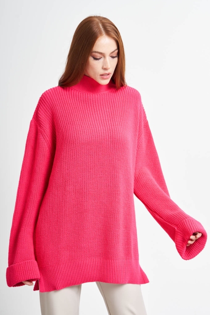 Mizalle Yüksek Yaka Oversize Fuşya Triko Kazak - Mizalle