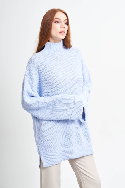 Mizalle Yüksek Yaka Oversize Açık Mavi Triko Kazak - Mizalle (1)