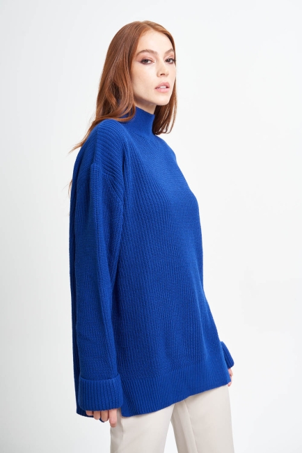 Mizalle Yüksek Yaka Oversize Saks Mavi Triko Kazak - Mizalle