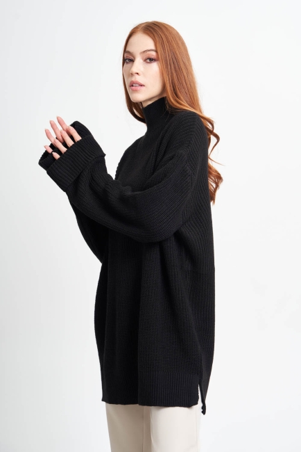 Mizalle Yüksek Yaka Oversize Siyah Triko Kazak - Mizalle