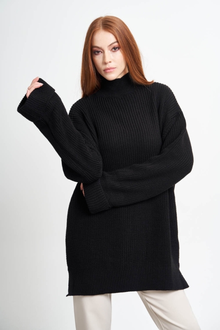 Mizalle Yüksek Yaka Oversize Siyah Triko Kazak - Mizalle (1)