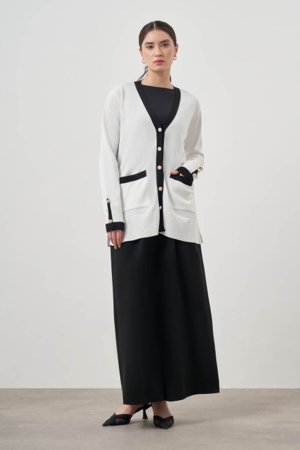 Mizalle Siyah renk Bloklu Cepli Ekru Rayon Uzun Hırka - Mizalle (1)