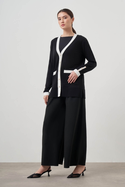 Mizalle Ekru renk Bloklu Cepli Siyah Rayon Uzun Hırka - Mizalle (1)