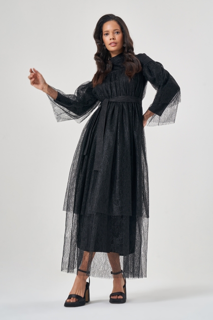 Mizalle Siyah Parlak Katlı Tül Uzun Abiye Elbise - Mizalle (1)