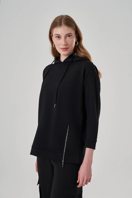 Mizalle Simli Siyah Fermuar Detaylı Kapüşonlu Sweatshirt - Mizalle (1)