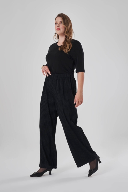 Mizalle Siyah Simli Fitilli Büyük Beden Beli Lastikli Pantolon - Mizalle (1)