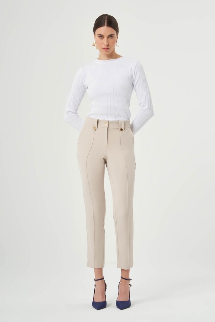 Mizalle Dikiş Detaylı Bej Rengi Dar Kesim Pantolon - Mizalle