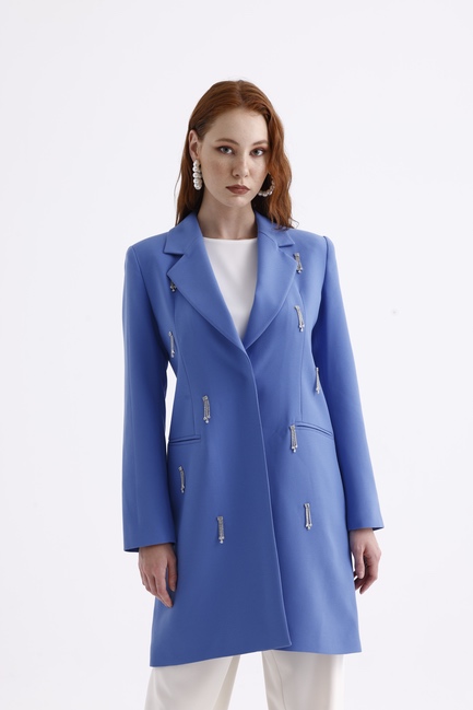 Mizalle Taş Detaylı Mavi Uzun Krep Ceket - Mizalle