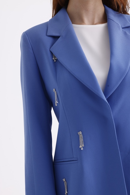 Mizalle Taş Detaylı Mavi Uzun Krep Ceket - Mizalle (1)