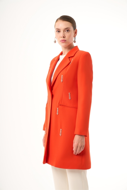 Mizalle Taş Detaylı Nar Çiçeği Uzun Krep Ceket - Mizalle (1)