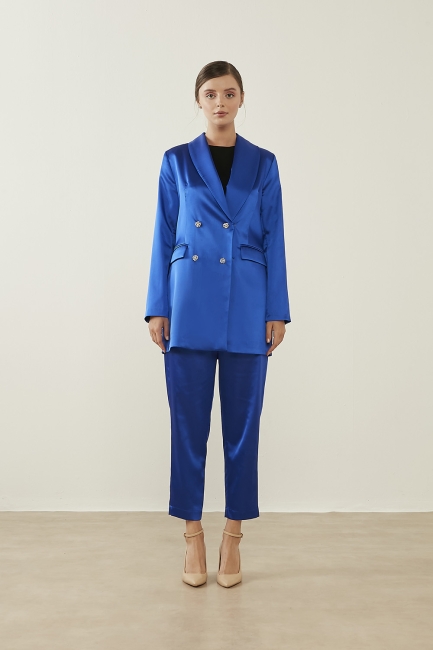 Mizalle Parlak Taş Düğmeli Saks Mavi Kruvaze Saten Abiye Ceket - Mizalle