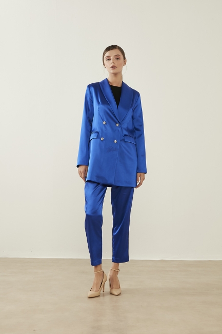 Mizalle Parlak Taş Düğmeli Saks Mavi Kruvaze Saten Abiye Ceket - Mizalle (1)