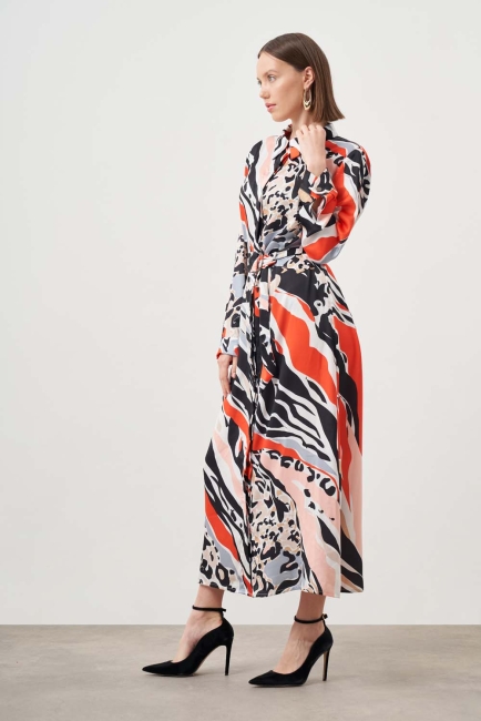 Mizalle Siyah Kırmızı Desenli Uzun Gömlek Elbise - Mizalle (1)