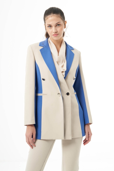 Mizalle Renk Bloklu Özel Tasarım Bej&İndigo Kruvaze Ceket - Mizalle (1)