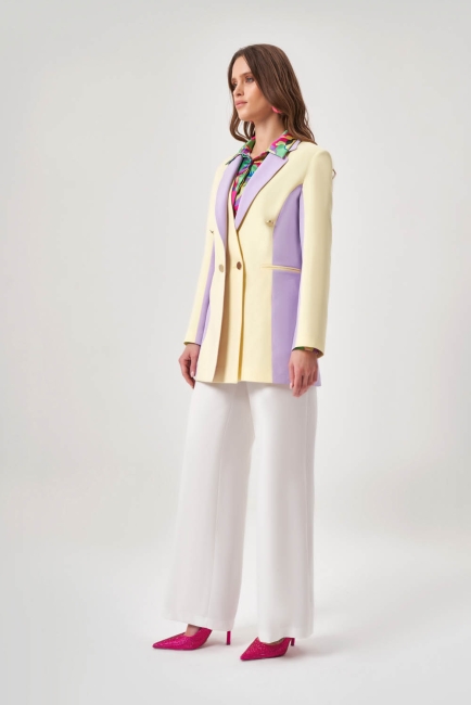 Mizalle Renk Bloklu Özel Tasarım Sarı&Lila Kruvaze Ceket - Mizalle (1)