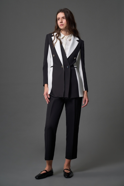 Mizalle Renk Bloklu Özel Tasarım Siyah&Beyaz Kruvaze Ceket - Mizalle (1)