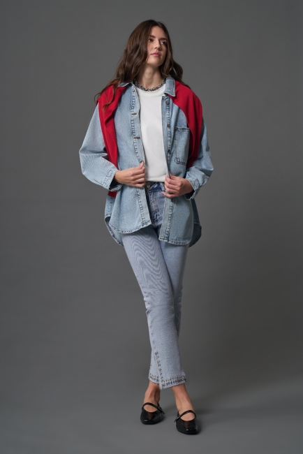 Mizalle Tek Cepli Rahat Kesimli Uzun Açık Mavi Denim Gömlek - Mizalle (1)