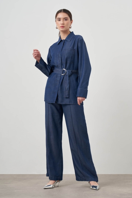 Mizalle Denim Görünümlü İndigo Mavi Kemerli Pamuk Tunik - Mizalle (1)