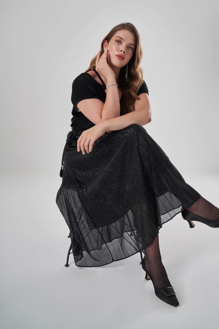 Mizalle Simli İnce Piliseli Büyük Beden Siyah Tül Etek - Mizalle (1)