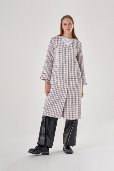 Mizalle Lila Tüvit Desenli Yakasız Uzun Kaban - Mizalle (1)