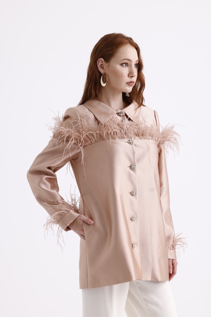 Mizalle Pudra Pembe Tüy Detaylı Saten Şık Ceket - Mizalle