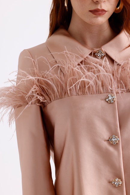 Mizalle Pudra Pembe Tüy Detaylı Saten Şık Ceket - Mizalle (1)