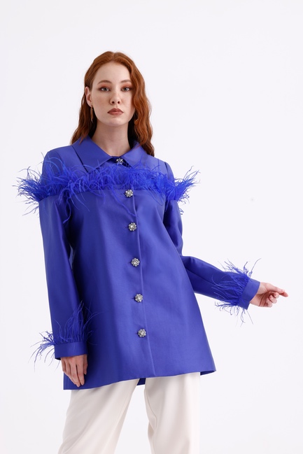 Mizalle Saks Mavi Tüy Detaylı Saten Şık Ceket - Mizalle