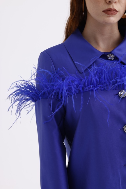 Mizalle Saks Mavi Tüy Detaylı Saten Şık Ceket - Mizalle (1)