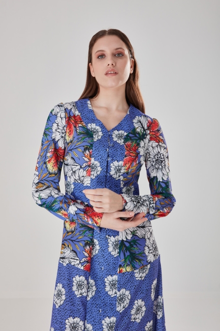 Mizalle Mavi Çiçek Desenli Uzun Yazlık Pamuk Karışımlı Elbise - Mizalle (1)