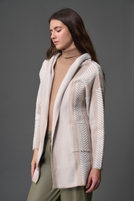 Mizalle Verev Çizgili Kapüşonlu Bej Rengi Triko Hırka - Mizalle (1)