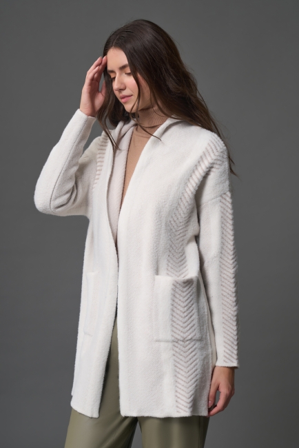 Mizalle Verev Çizgili Kapüşonlu Ekru Triko Hırka - Mizalle