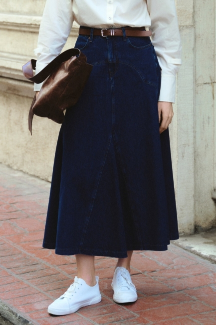 Mizalle Parça Volanlı Lacivert Maksi Denim Etek - Mizalle (1)