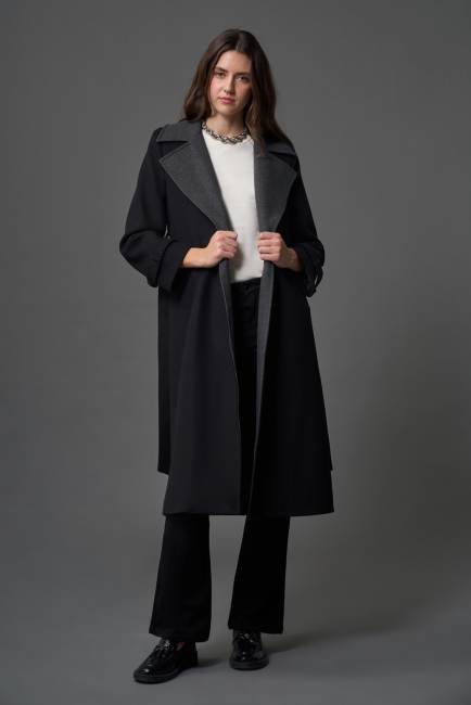 Mizalle Antrasit Yaka Detaylı Uzun Siyah Kaşe Kaban - Mizalle