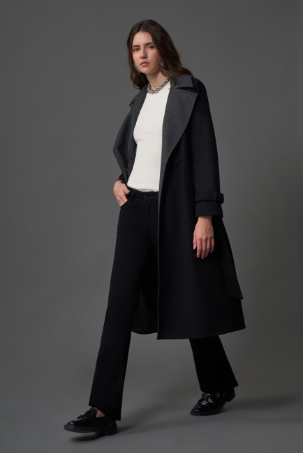 Mizalle Antrasit Yaka Detaylı Uzun Siyah Kaşe Kaban - Mizalle (1)