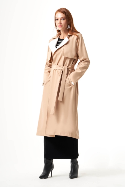 Mizalle Beyaz Yaka Klapalı Bej Rengi Uzun Klasik Trençkot - Mizalle (1)