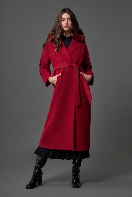 Mizalle Kürk Yakalı Premium Kaşe Uzun Bordo Kaban - Mizalle (1)