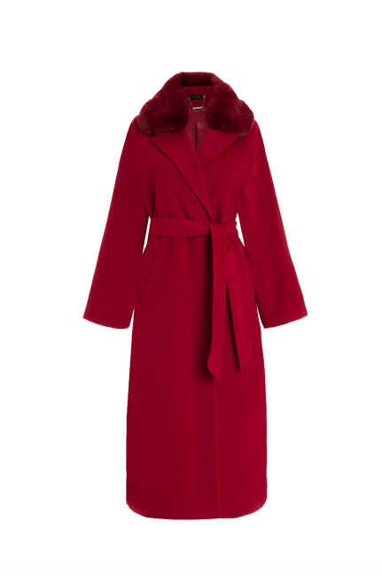 Mizalle Kürk Yakalı Premium Kaşe Uzun Bordo Kaban - Mizalle