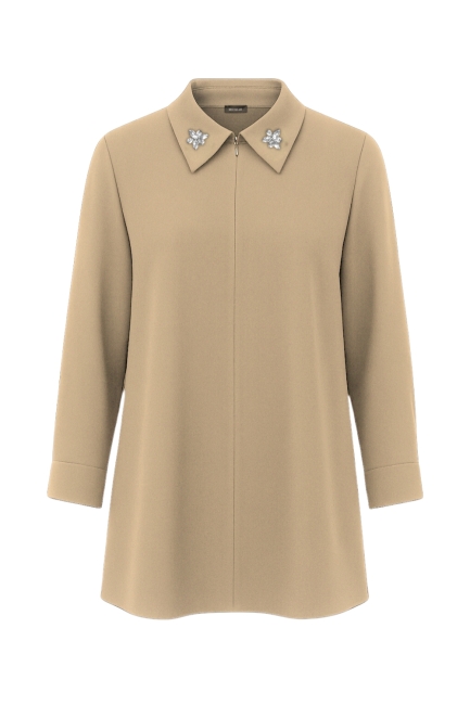 Mizalle Yakası Taş Detaylı Fermuarlı Gömlek Yaka Bej Rengi Tunik - Mizalle