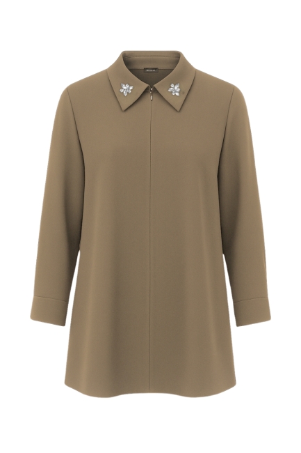 Mizalle Yakası Taş Detaylı Fermuarlı Gömlek Yaka Haki Tunik - Mizalle