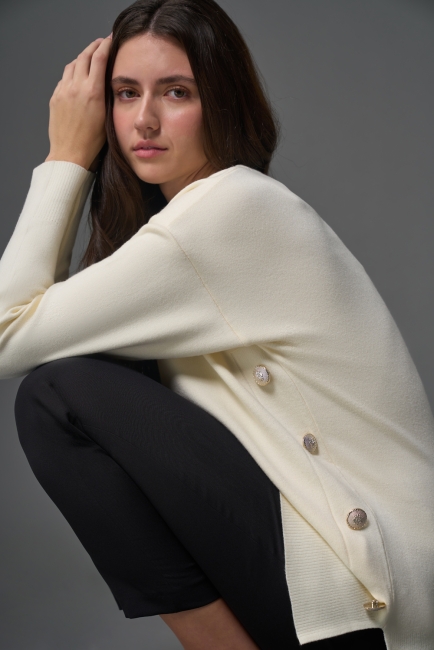 Mizalle Yanları Metal Düğmeli Ekru Uzun Triko Tunik - Mizalle