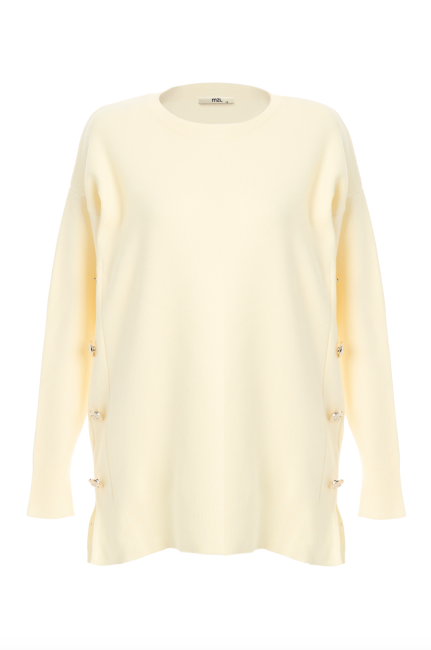 Mizalle Yanları Metal Düğmeli Ekru Uzun Triko Tunik - Mizalle (1)