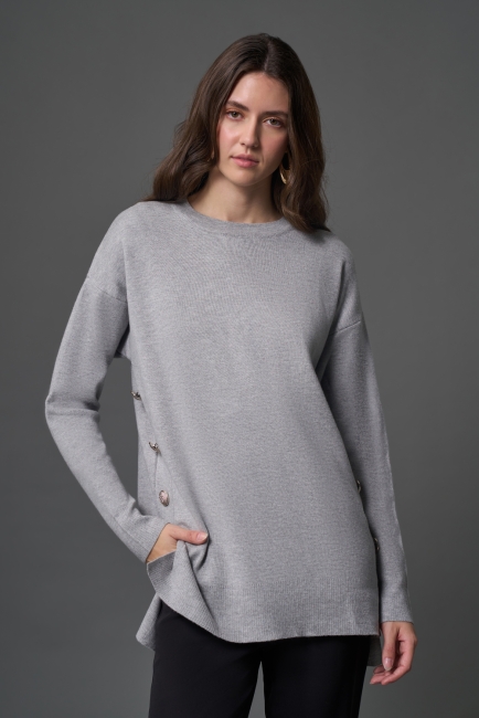 Mizalle Yanları Metal Düğmeli Gri Uzun Triko Tunik - Mizalle